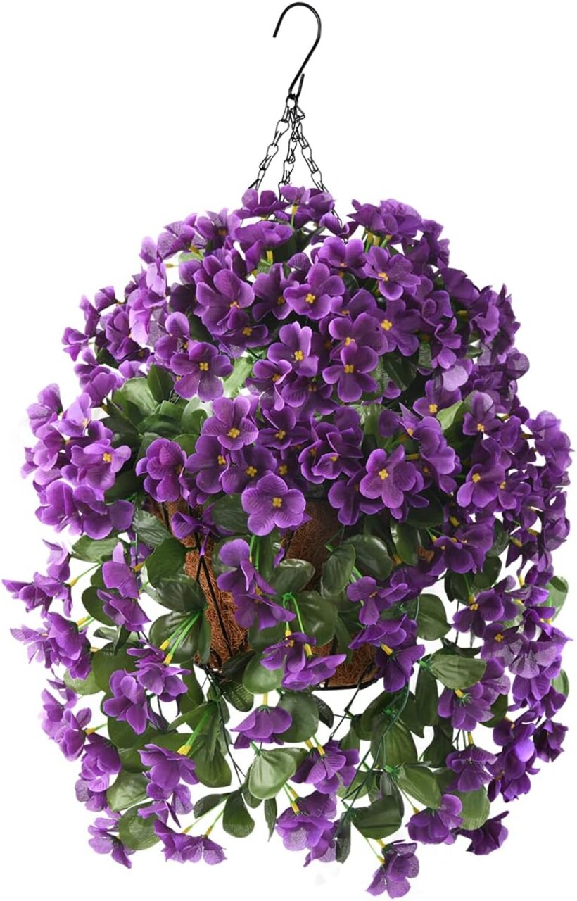 Artificial Hanging Flowers Basket for Outdoor Summer Decoration (4pcs Purple)